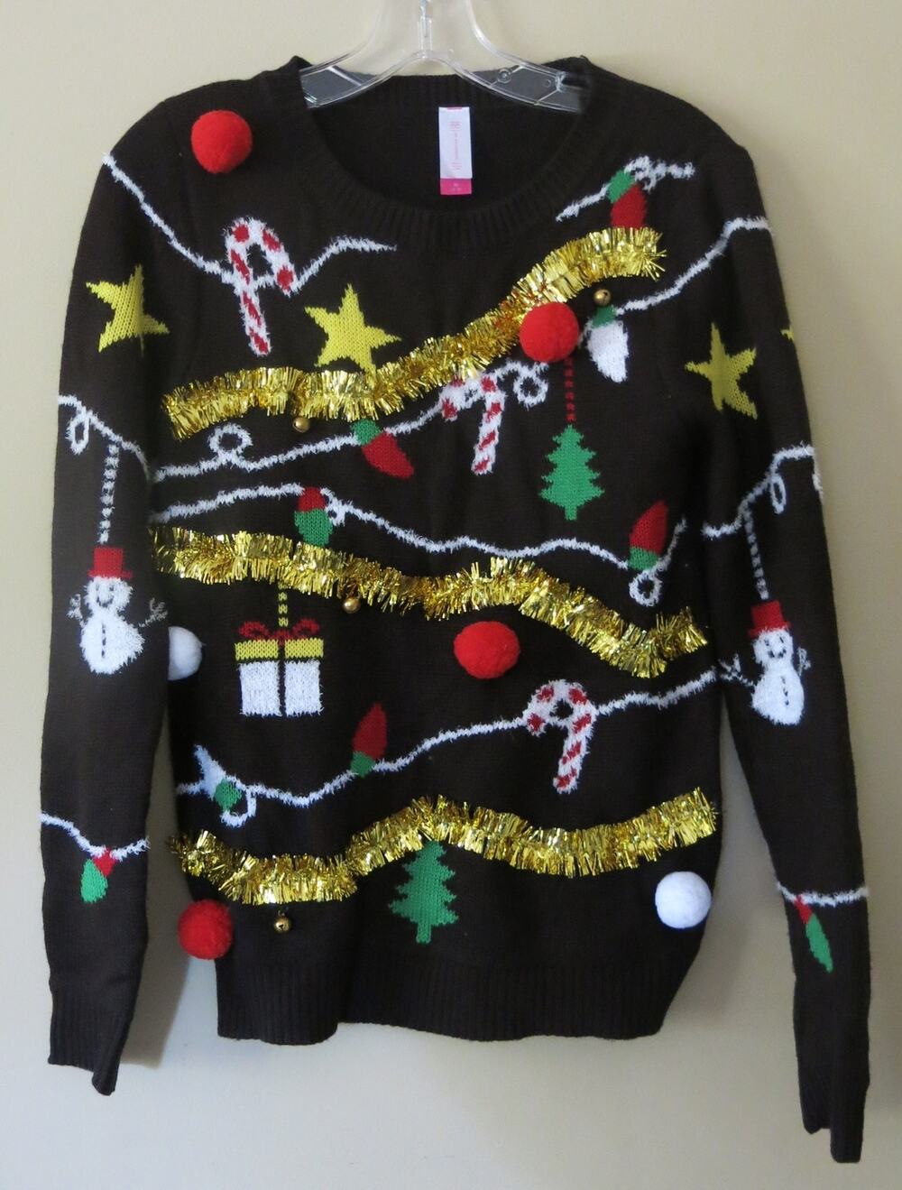 UGLY CHRISTMAS SWEATER Size M 7-9 Jr Gold Garland Pompoms Bells Candy Canes